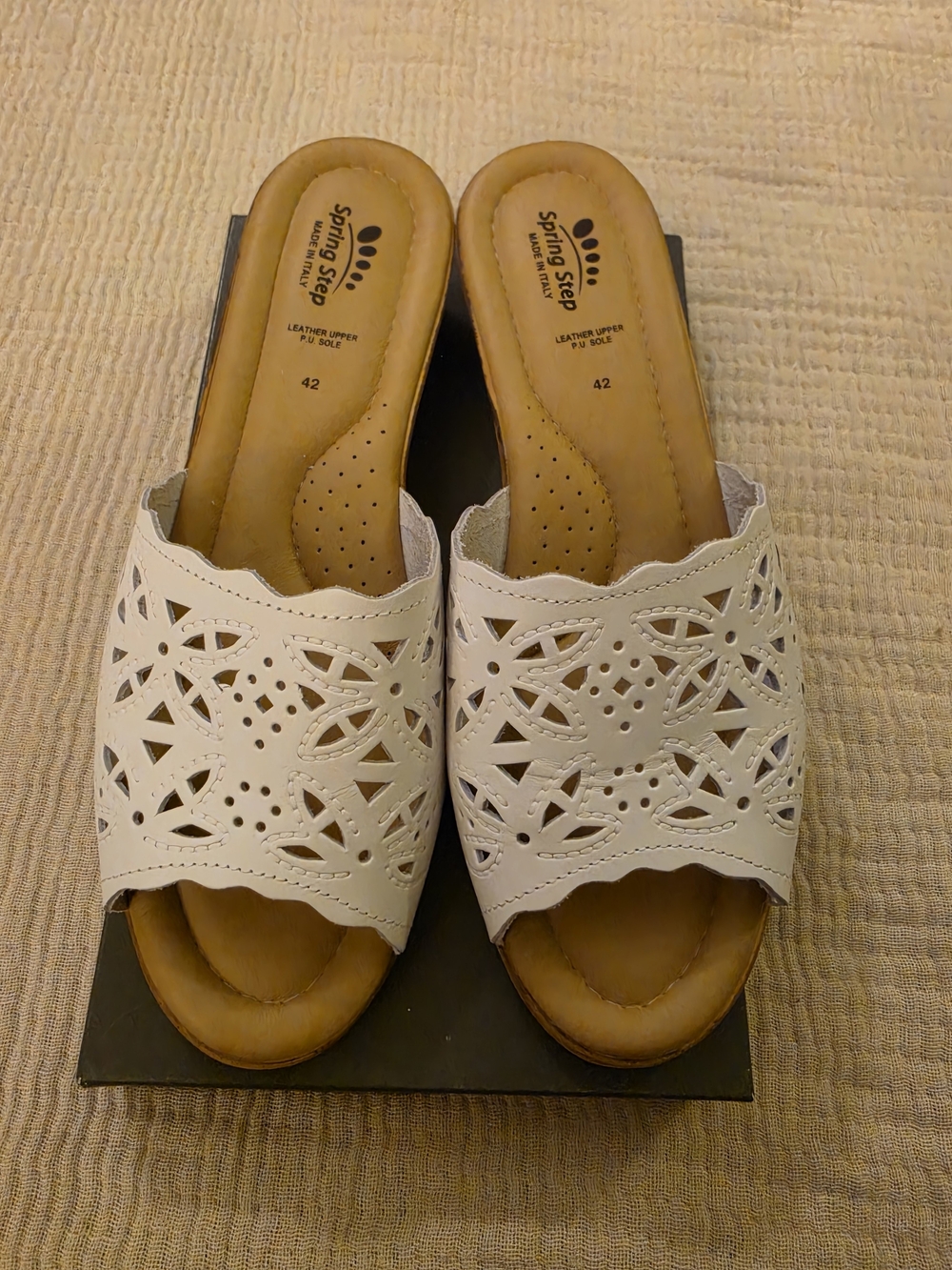 Spring Step Italian Leather Laser Cut Floral Slide Sandals Ivory EU42/US10.5-11